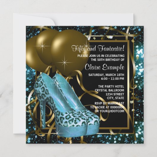 Invitation Fête d'anniversaire turquoise Blue and Gold Leopar (Devant)