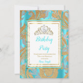 Invitation Fête d'anniversaire Turquoise Blue Gold Damask Gre (Devant)