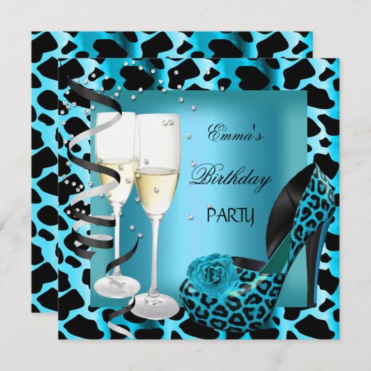 Invitation Fête d'anniversaire Turquoise Blue Leopard Black C (Devant / Derrière)