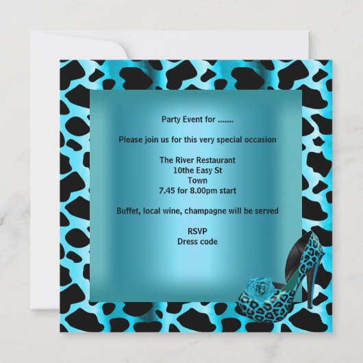 Invitation Fête d'anniversaire Turquoise Blue Leopard Black C (Dos)