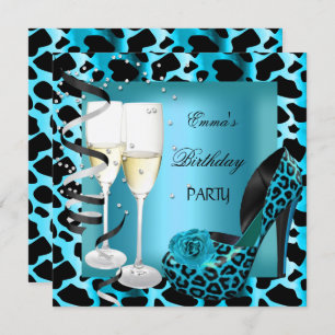 Invitation Fête d'anniversaire Turquoise Blue Leopard Black C