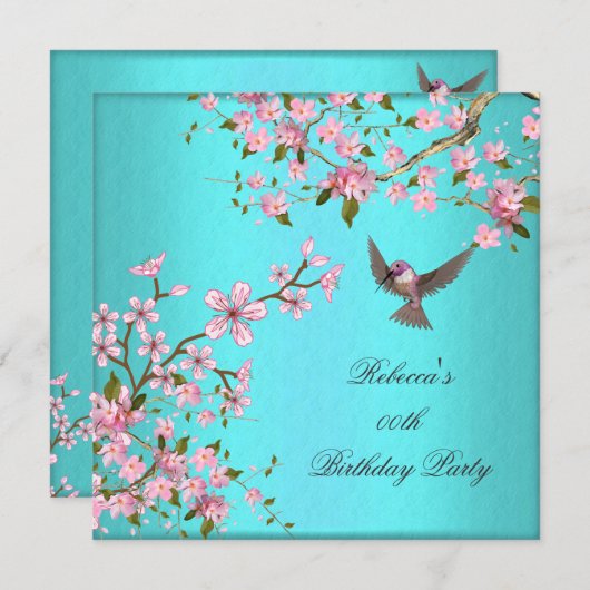 Invitation Fête d'anniversaire turquoise Blue Rose Cherry Blo (Devant / Derrière)