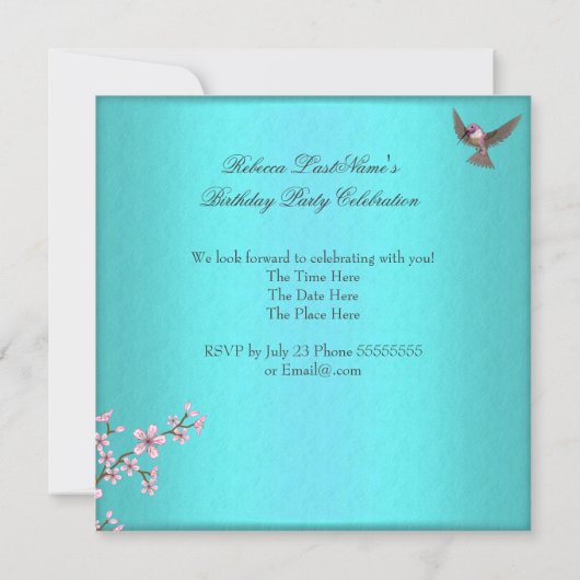 Invitation Fête d'anniversaire turquoise Blue Rose Cherry Blo (Dos)