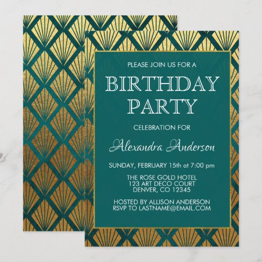 Invitation Fête d'anniversaire turquoise et Gold Foil Art déc (Devant / Derrière)
