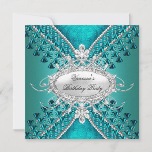 Invitation Fête d'anniversaire Turquoise perles Diamant Bleu