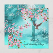 Invitation Fête d'anniversaire turquoise rose asiatique fleur (Devant / Derrière)