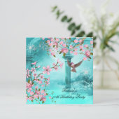 Invitation Fête d'anniversaire turquoise rose asiatique fleur (Debout devant)