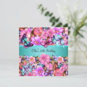 Invitation Fête d'anniversaire Turquoise rose bleu rose papil (Debout devant)