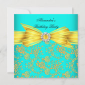 Invitation Fête d'anniversaire turquoise Rose jaune Damask (Devant)