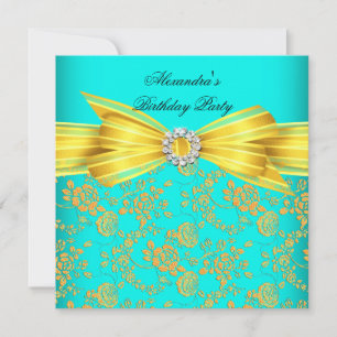 Invitation Fête d'anniversaire turquoise Rose jaune Damask