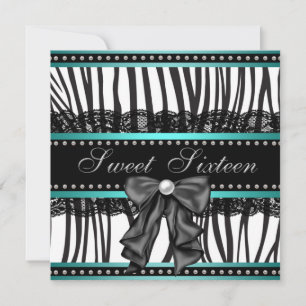 Invitation Fête d'anniversaire turquoise zèbre Sweet Sixteen