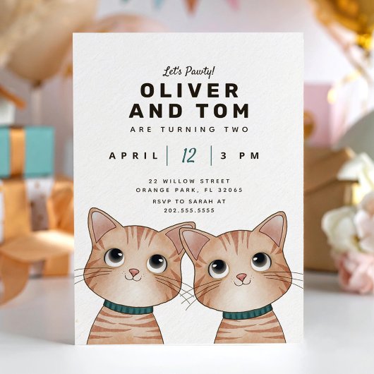 Invitation Fête d'anniversaire Twin avec deux chatons mignons