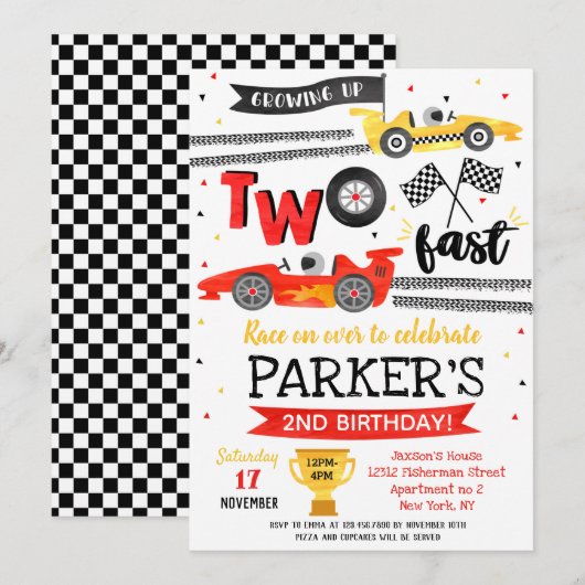 Invitation Fête d'anniversaire Two Fast Red Voiture de course (Devant / Derrière)
