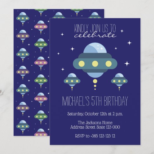Invitation Fête d'anniversaire UFO Space (Devant / Derrière)