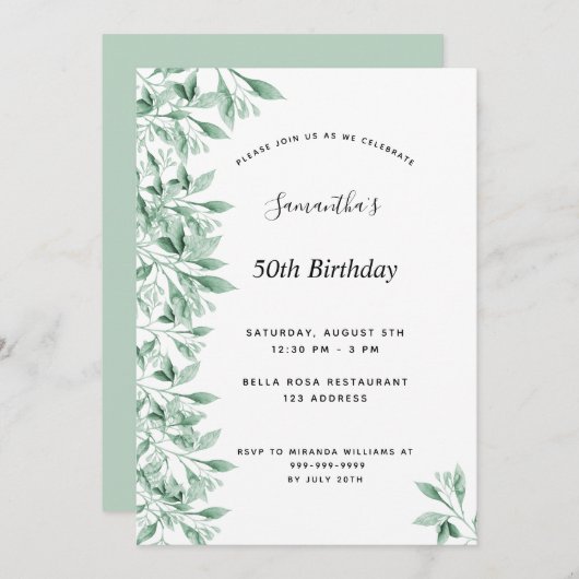 Invitation Fête d'anniversaire vert blanc botanique floral mo (Devant / Derrière)