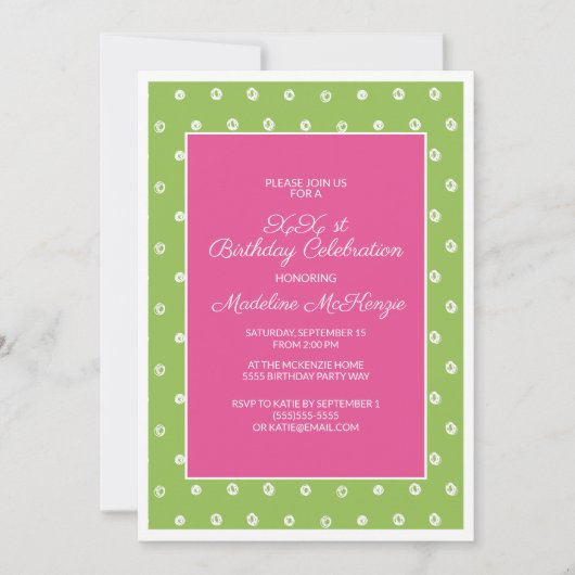 Invitation Fête d'anniversaire Vert Rose avec Points Blancs (Devant)