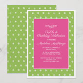 Invitation Fête d'anniversaire Vert Rose avec Points Blancs (Devant / Derrière)