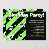 Invitation Fête d'anniversaire verte de crânes et de coeurs (Devant / Derrière)