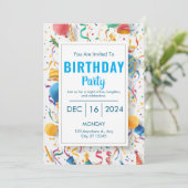 Invitation Fête d'anniversaire vibrante avec ballons et confe (Debout devant)