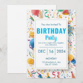 Invitation Fête d'anniversaire vibrante avec ballons et confe (Devant / Derrière)