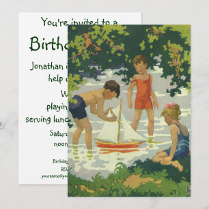 Invitation Fête d'anniversaire vintage pour enfants en été su
