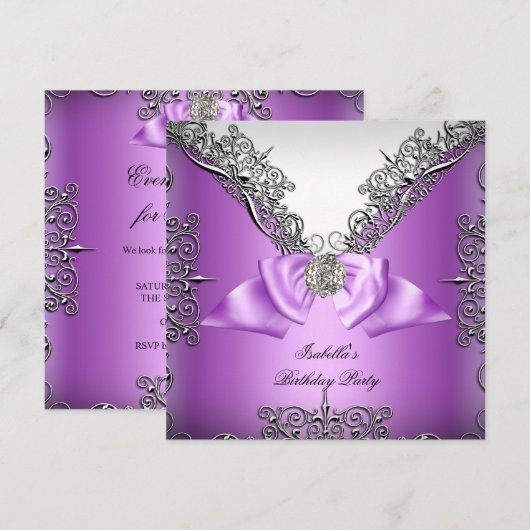 Invitation Fête d'anniversaire Violet Argent blanc (Devant / Derrière)