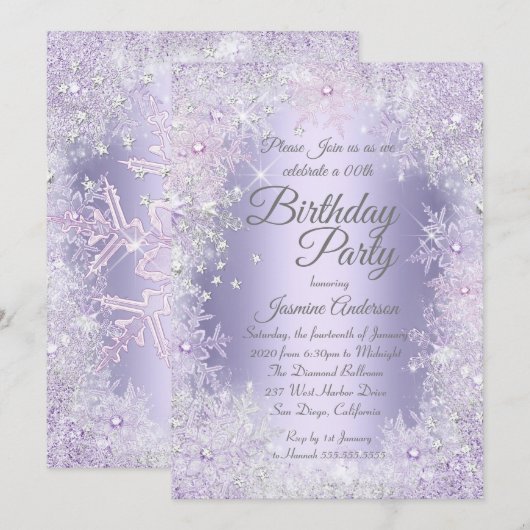 Invitation Fête d'anniversaire Violet Argent Winter Wonderlan (Devant / Derrière)