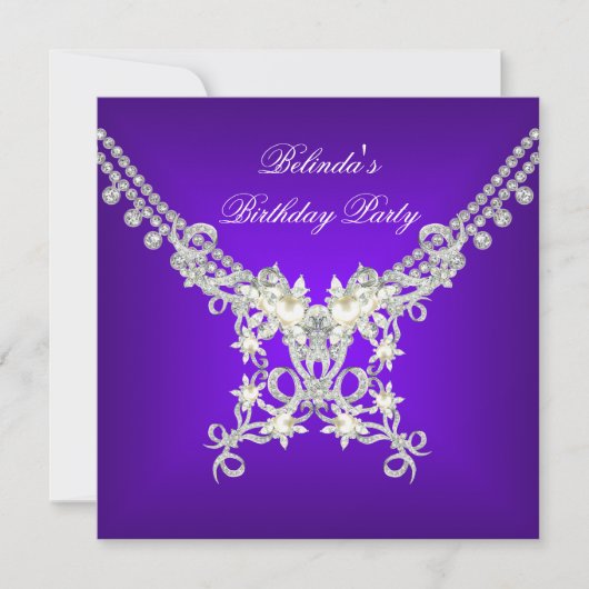 Invitation Fête d'anniversaire violet blanc argent bijou perl (Devant)