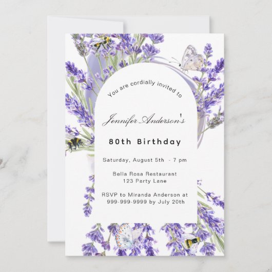 Invitation Fête d'anniversaire violet blanc de fleurs de lava (Devant)