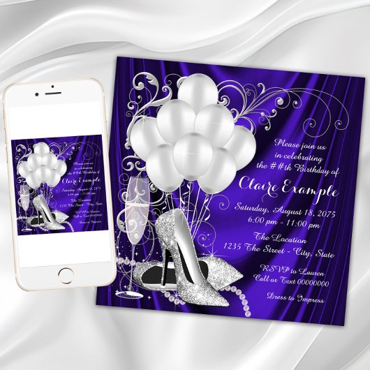 Invitation Fête d'anniversaire violet et argent pour les femm
