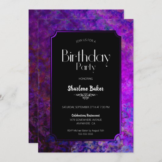 Invitation Fête d'anniversaire violet et noir (Devant / Derrière)