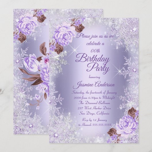 Invitation Fête d'anniversaire violet Floral hiver Wonderland (Devant / Derrière)