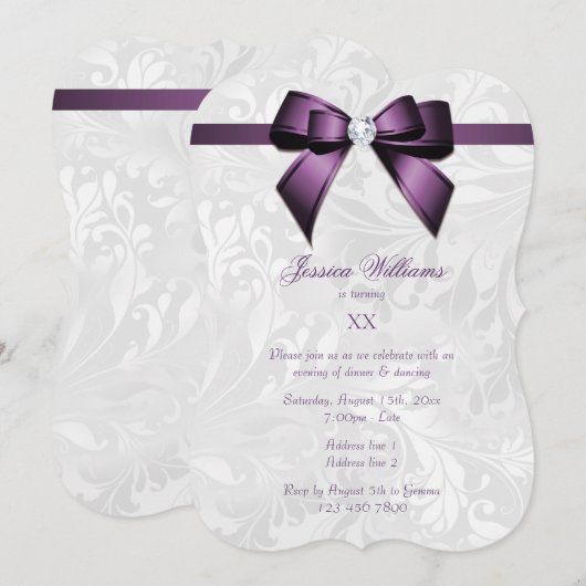 Invitation Fête d'anniversaire Violet Gem Bow, Ruban & Damas (Devant / Derrière)
