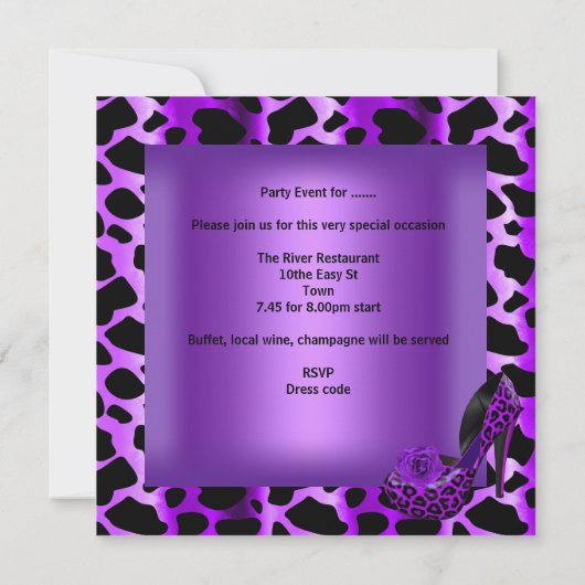 Invitation Fête d'anniversaire violet léopard Chaussures noir (Dos)