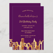 Invitation fête d'anniversaire violet or ville skyline (Devant / Derrière)