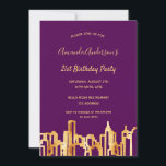 Invitation fête d'anniversaire violet or ville skyline<br><div class="desc">Une invitation pour une soirée d'anniversaire élégante de 21ème (ou tout âge) pour elle, femmes. Une élégante arrière - plan violette féminine avec un skyline de ville en faux or comme décoration. Le texte : Le nom est écrit avec un script de style en lettres d'or moderne. Modèle pour nom,...</div>