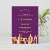 Invitation fête d'anniversaire violet or ville skyline (Debout devant)