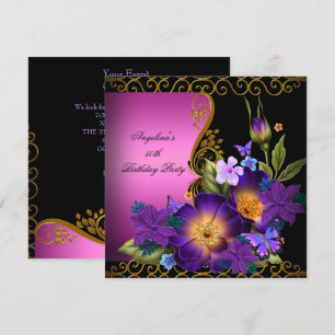 Invitation Fête d'anniversaire Violet Rose Floral Noir Or