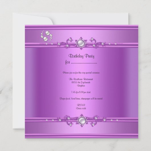 Invitation Fête d'anniversaire violet rose perle bijou fleuri (Dos)