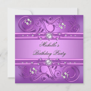 Invitation Fête d'anniversaire Violet Rose Perle Bijou floral