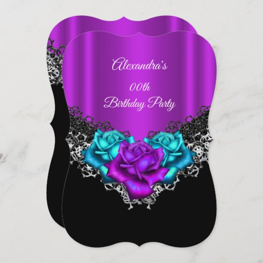 Invitation Fête d'anniversaire violet rose Turquoise Rose den (Devant / Derrière)