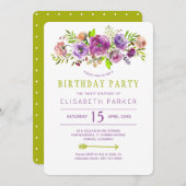 Invitation Fête d'anniversaire violet vert rustique fleurie b (Devant / Derrière)