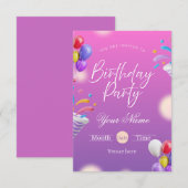 Invitation Fête d'anniversaire Violet Vibrant & Ballons (Devant / Derrière)