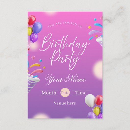 Invitation Fête d'anniversaire Violet Vibrant & Ballons (Devant)