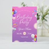 Invitation Fête d'anniversaire Violet Vibrant & Ballons (Debout devant)