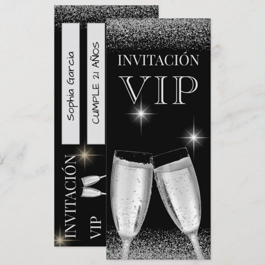 Invitation Fête d'anniversaire VIP Argentée Glitzy Espagnole (Devant / Derrière)