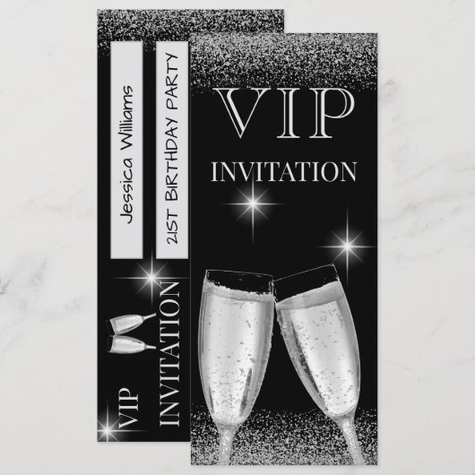 Invitation Fête d'anniversaire VIP Glitzy Silver (Devant / Derrière)