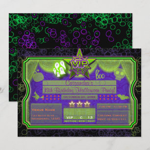 Invitation Fête d'anniversaire VIP Halloween verte et violett