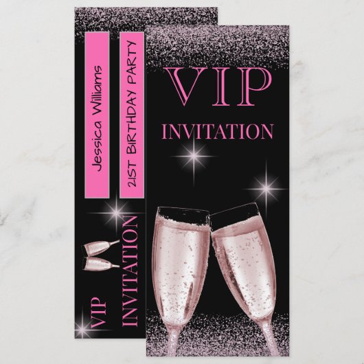 Invitation Fête d'anniversaire VIP rose clinquant (Devant / Derrière)