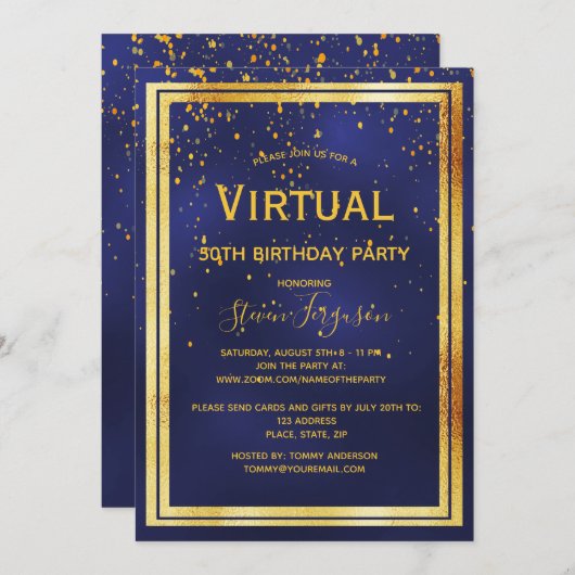 Invitation Fête d'anniversaire virtuelle 50e hommes confettis (Devant / Derrière)